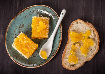 Plate with honey and ciabatta