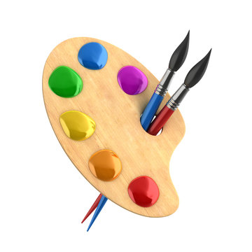 wooden art palette with paints and brushes