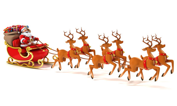 Santa Claus on sleigh, deers and Christmas presents