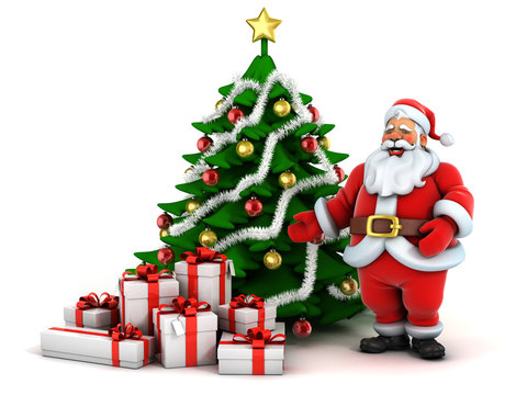 Santa Claus, Christmas tree and presents
