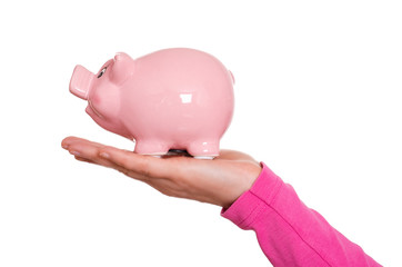 Lustiges rosa Schwein auf einer Hand