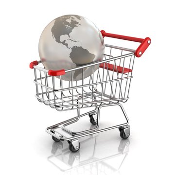 globe in the shopping cart, global market concept