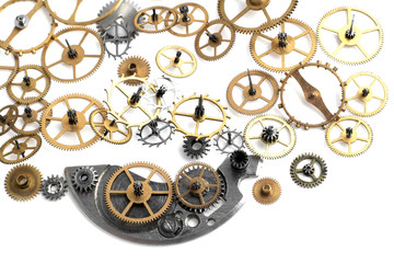 Old clock gears mechanism isolated on white background