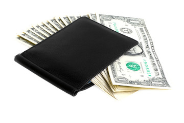 Black wallet with money on white background