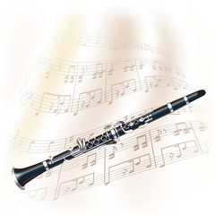 Classical clarinet on white background with musical notes