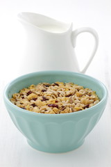 Delicious and healthy muesli with fresh milk