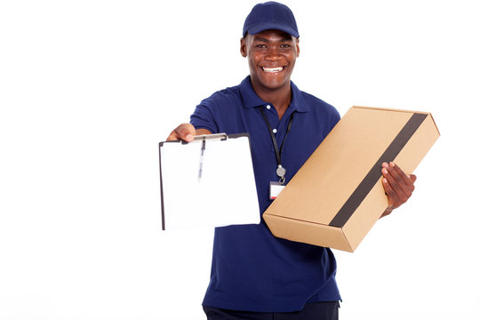african american delivery man carrying parcel