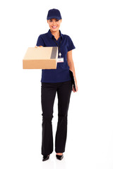 pretty female delivery worker delivering parcel