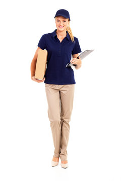 Young Delivery Woman Full Length Portrait On White