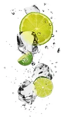 Acrylic prints In the ice Limes with ice cubes, isolated on white background