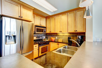 Modern apartment wood kitchen interior.