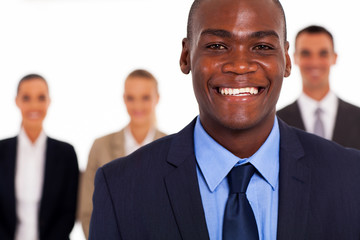 african american businessman in front of group colleagues