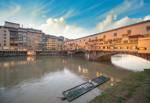 Wonderful sunset colors in Florence with Arno River and Ponte Ve