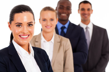 pretty female corporate worker and team on white
