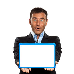 one business man holding showing whiteboard