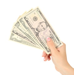 Female hand with dollars, close up, isolated on white