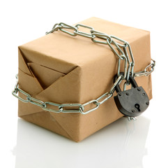 parcel with chain and padlock, isolated on white