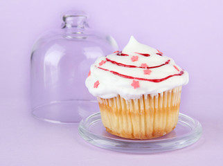 Cupcake on saucer with glass cover, on color background