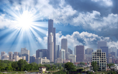 Fototapeta na wymiar Chicago. Piękna panorama z roślinnością i wieżowce