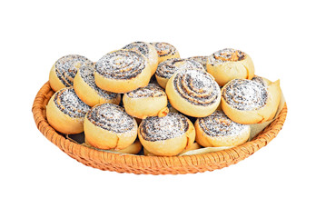 Cookie roll with poppy in a wattled basket, isolated on white