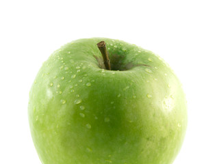 Isolated fresh green apple with waterdrops (part).