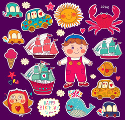 Vector set of cartoon stickers: boy and toys