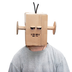 man in a funny suit cardboard robot