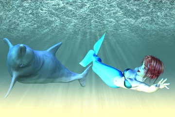 Afwasbaar Fotobehang Zeemeermin Zeemeermin meisje met dolfijnen