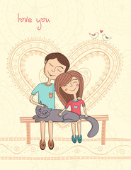 Girl and boy in love sitting with cat