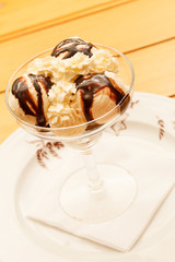 ice cream with chocolate syrup