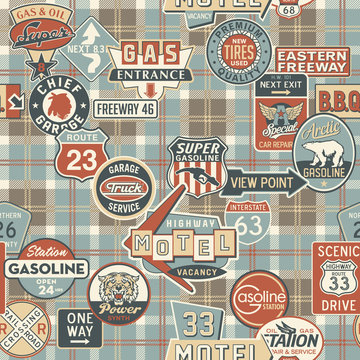 Road signs with tartan background - seamless pattern