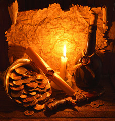 Pirate treasures with candle
