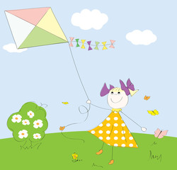 Dziewczynka z kolorowym latawcem na łące - obrazy, fototapety, plakaty