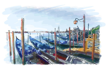Venice. Gondolas on the water.