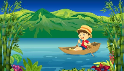 Cercles muraux Rivière, lac Un garçon souriant dans un bateau