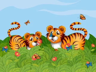 Abwaschbare Fototapete Schmetterling Zwei Tiger spielen im Garten