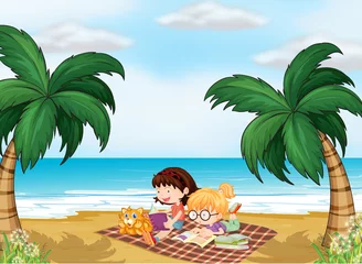 Photo sur Plexiglas Chats Filles lisant près de la plage