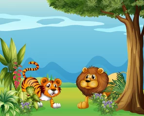 Papier Peint photo Lavable Zoo Un lion et un tigre près des collines
