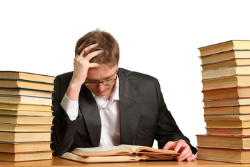 Bored and Tired Student after hard work Isolated on the White