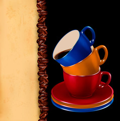 Background with colorful cups of coffee and old paper. Vector il