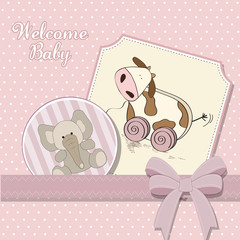 Baby shower card with cute cow toy