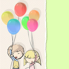 Pair of children flying in the sky with balloons.