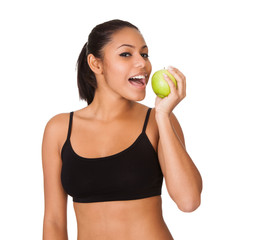 Happy Woman Holding Green Apple In Hand