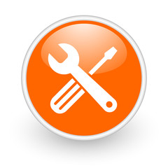 tools orange circle glossy web icon on white background