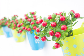 Close up plastic flowers with colorful plastic vase.