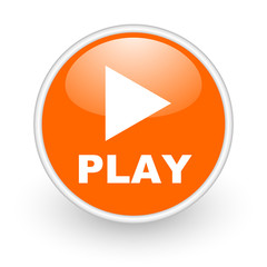 play orange circle glossy web icon on white background