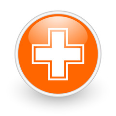 pharmacy orange circle glossy web icon on white background