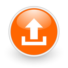 upload orange circle glossy web icon on white background