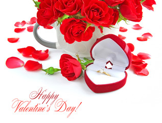 Red roses with Heart-shaped Gift Box on white background