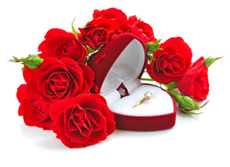 Red roses with Heart-shaped Gift Box on white background